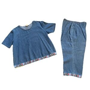 Vtg Women's Beaded Denim Top Cropped Pants Set XL Grandmacore Tribal